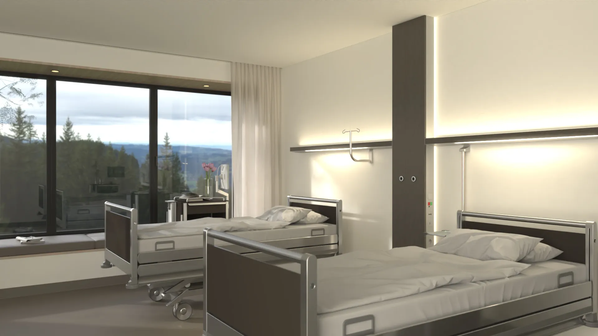 Two side-by-side hospital beds with white sheets and headrests in front of a large window with a view outside